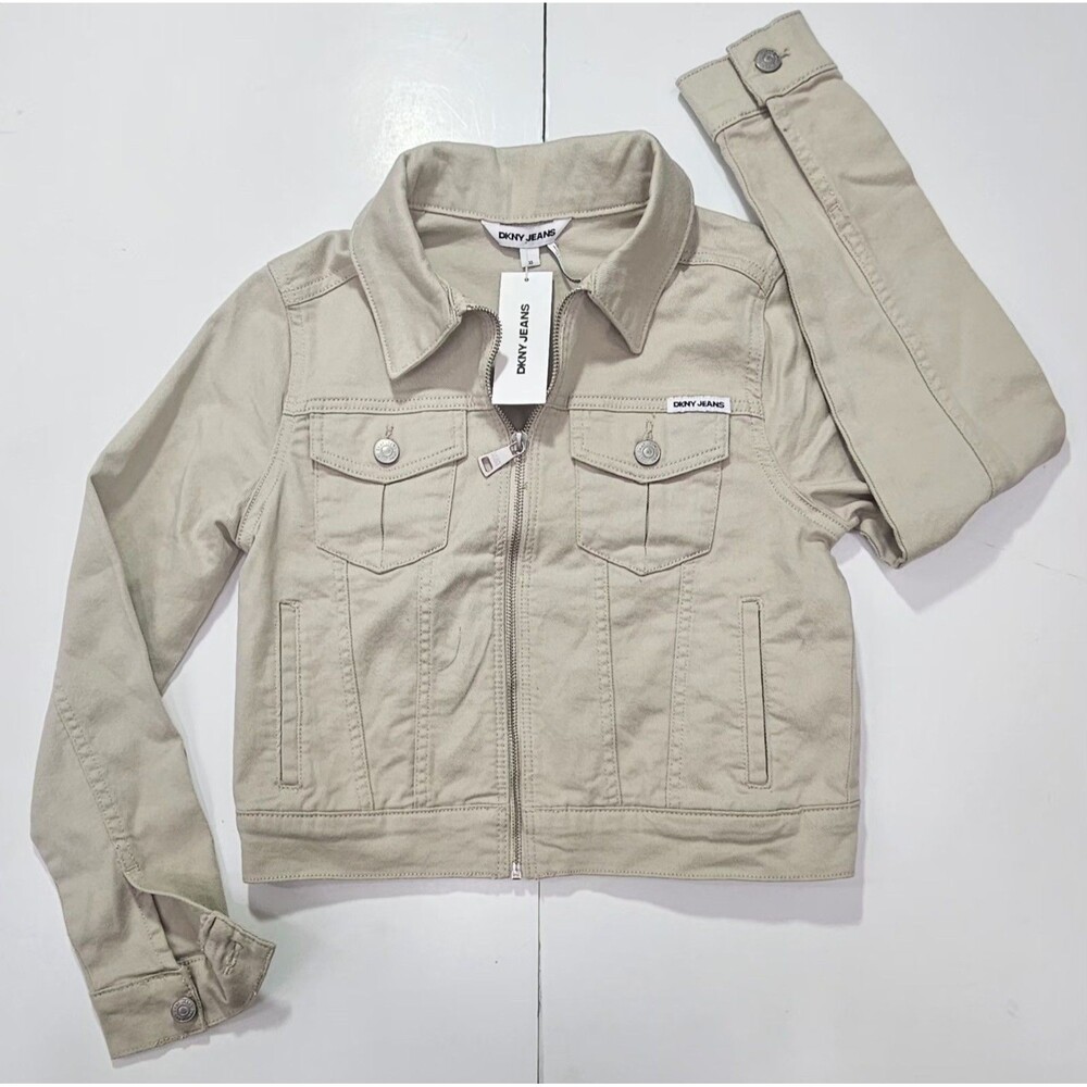 NWT DKNY Jeans Women XS Beige Tan Full Zip Denim Jacket Stretch Utility DJRJ6064